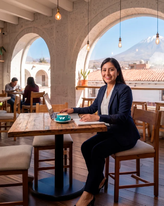 Estudiante sonriendo con su laptop en un café de Arequipa, con el Misti al fondo