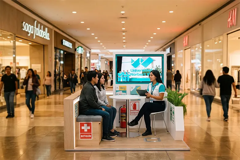 Punto Wiener en Mall Plaza Arequipa: una asesora atiende a dos visitantes en el módulo